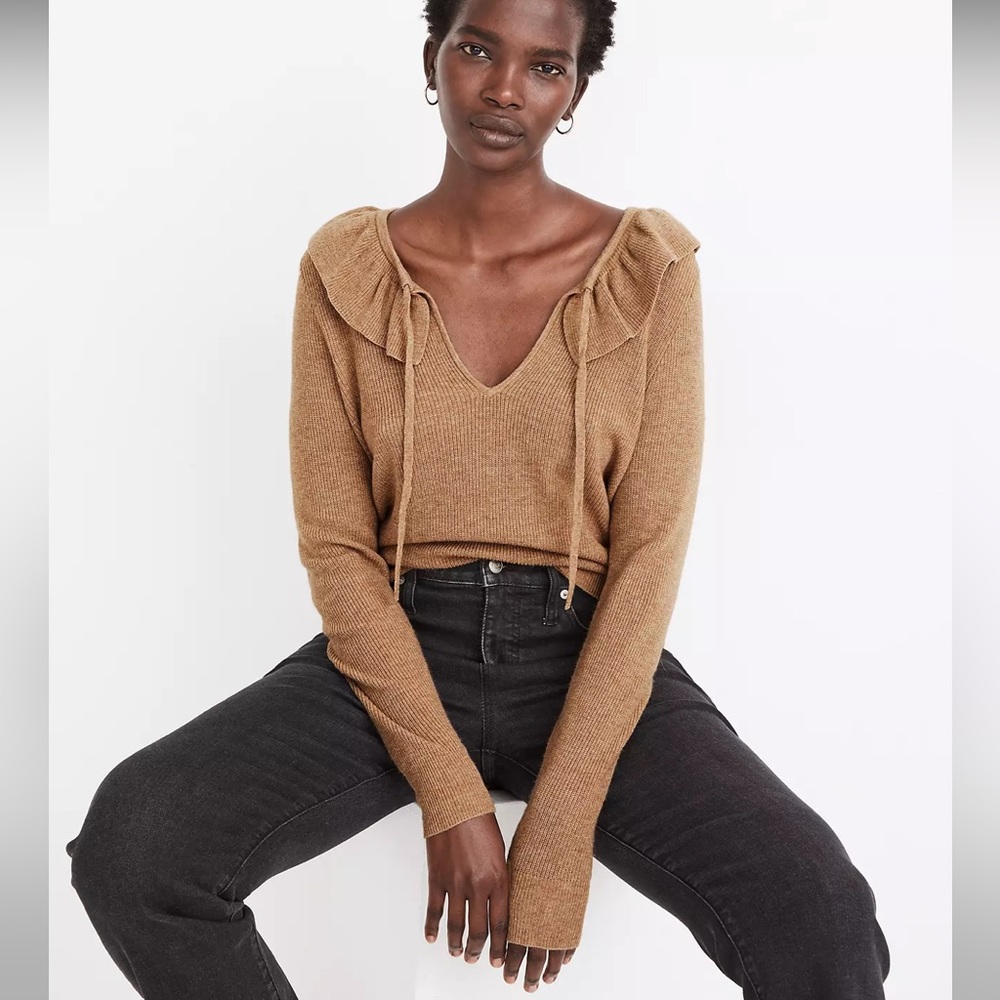 Madewell Tie-Neck Ruffle Pullover Sweater in Heather Sandalwood (Brown)